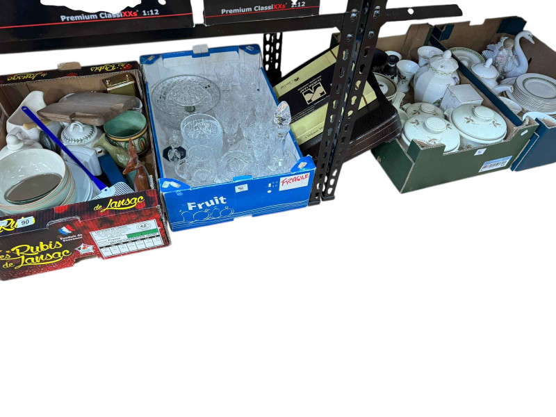 Four boxes of assorted dinnerwares, china, glassware, cutlery, Lladro figure and swan etc.
