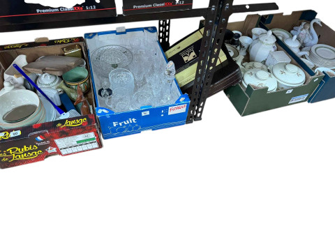 Four boxes of assorted dinnerwares, china, glassware, cutlery, Lladro...