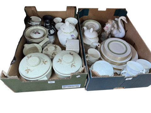Four boxes of assorted dinnerwares, china, glassware, cutlery, Lladro figure and swan etc. thumbnail