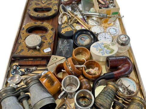 Collectables including glass dump, book trough, opera glasses, etc.