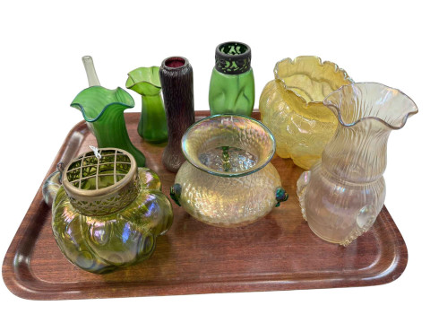 Ten Art glass vases including lustre and iridescent..