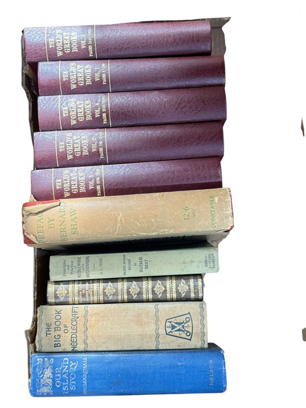 Books including Dore Gallery, Don Quixote and Encyclopedia Britannica.