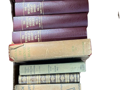 Books including Dore Gallery, Don Quixote and Encyclopedia Britannica. thumbnail