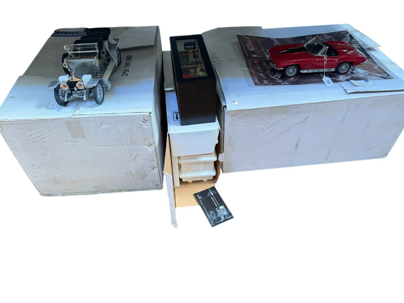 Three Franklin Mint large models including 1967 Corvette Stingray L88, 1907 Rolls Royce Silver Ghost and 1958 Red Corvette and Garage.