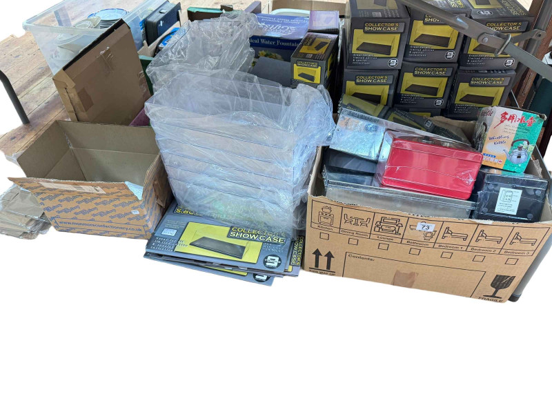 Display cases for model vehicles, miniature safes, safety deposit style boxes, etc.