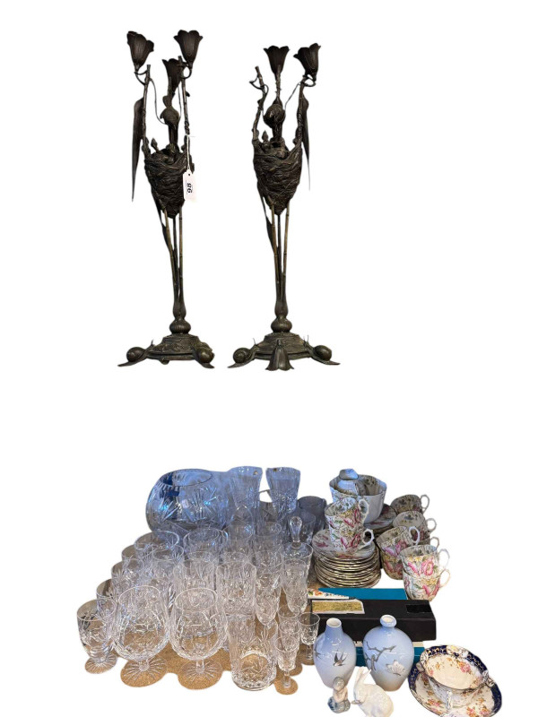 Pair of cast bronze candelabra depicting birds nests with chicks on circular bases raised on snail supports, pair of Waterford brandy glasses, other assorted glass, Victorian teaware, pair of Copenhagen vases, rabbit and figure, etc.