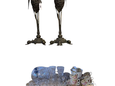 Pair of cast bronze candelabra depicting birds nests with chicks on circular...
