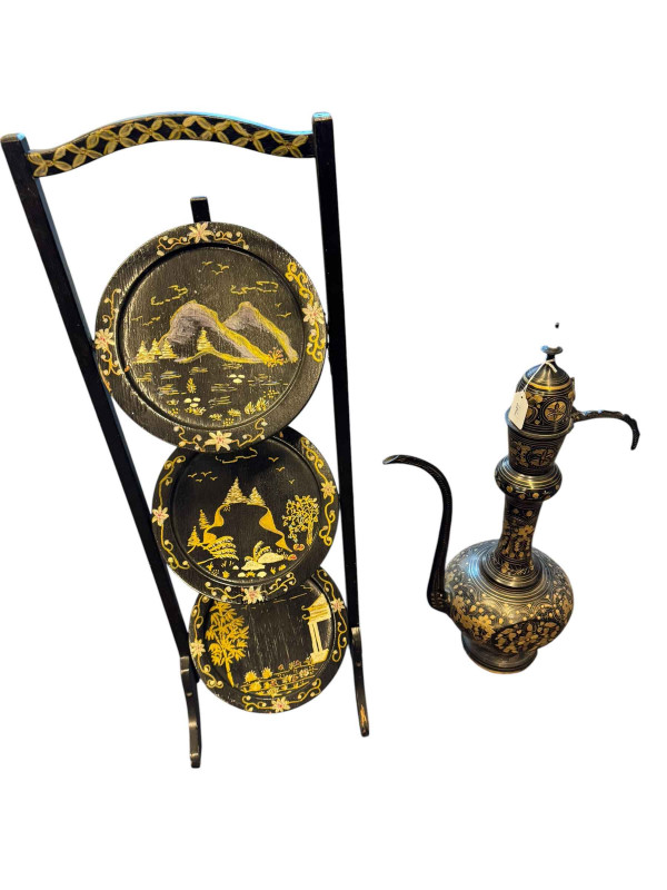 Chinoiserie decorated cakestand, large Arabian ewer, two brass canons, box of metalwares, binoculars, etc.
