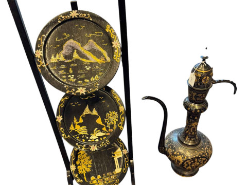 Chinoiserie decorated cakestand, large Arabian ewer, two brass canons, box of metalwares, binoculars, etc. thumbnail