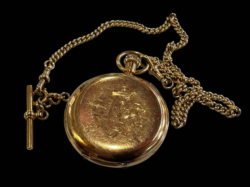 Gents 18 carat gold keyless hunter by Reid & Sons, Newcastle Upon Tyne, bearing monogram verso, and together with 18 carat gold albert, all links stamped, the watch movement inscribed Reid & Sons, NEWCASTLE UPON TYNE number 38031, Makers to the Lords of the Admiralty.