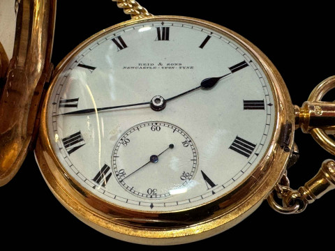 Gents 18 carat gold keyless hunter by Reid & Sons, Newcastle Upon Tyne, bearing monogram verso, and together with 18 carat gold albert, all links stamped, the watch movement inscribed Reid & Sons, NEWCASTLE UPON TYNE number 38031, Makers to the Lords of the Admiralty. thumbnail