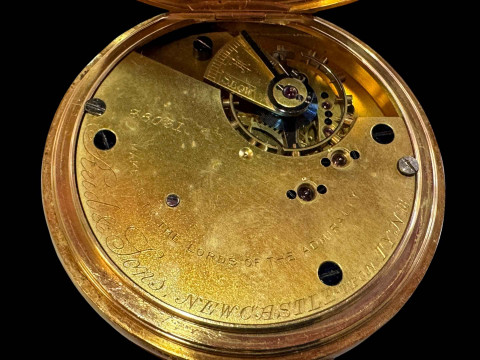 Gents 18 carat gold keyless hunter by Reid & Sons, Newcastle Upon Tyne, bearing monogram verso, and together with 18 carat gold albert, all links stamped, the watch movement inscribed Reid & Sons, NEWCASTLE UPON TYNE number 38031, Makers to the Lords of the Admiralty. thumbnail