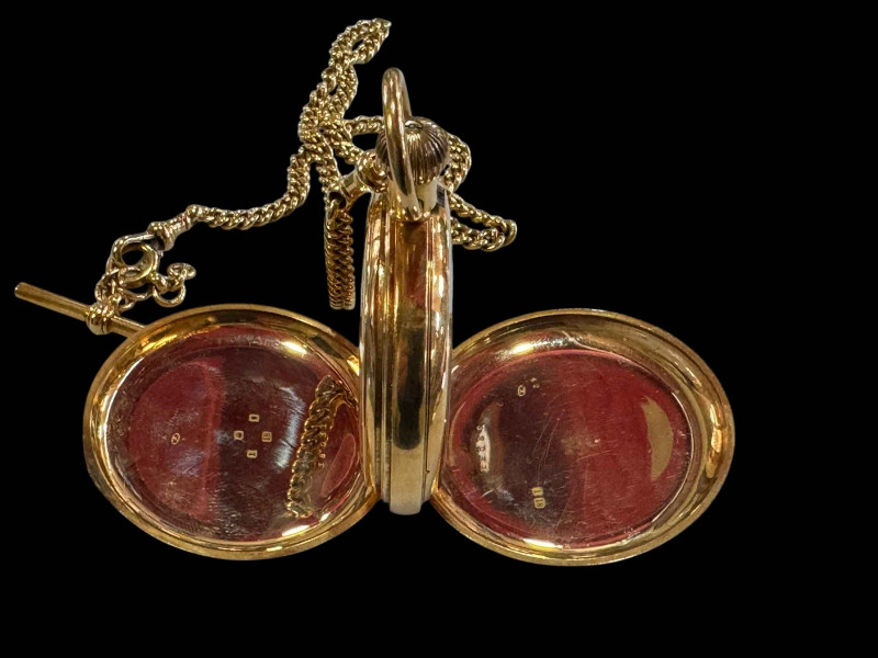 Gents 18 carat gold keyless hunter by Reid & Sons, Newcastle Upon Tyne, bearing monogram verso, and together with 18 carat gold albert, all links stamped, the watch movement inscribed Reid & Sons, NEWCASTLE UPON TYNE number 38031, Makers to the Lords of the Admiralty.