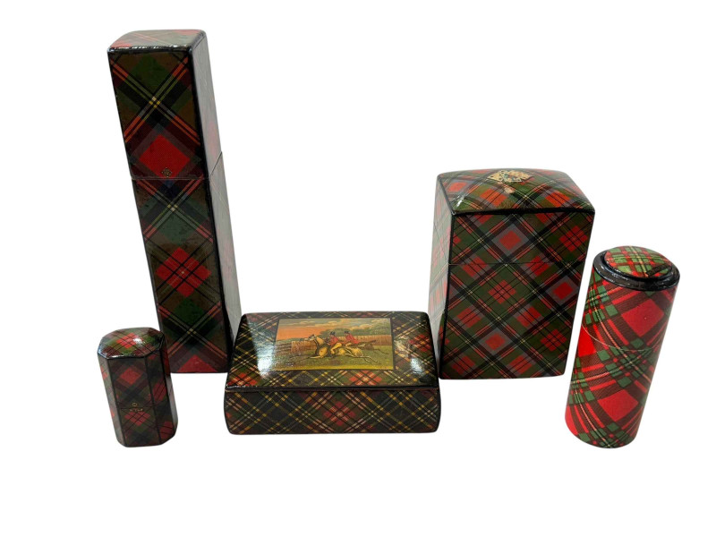 Mauchline Tartanware; five pieces including card box and hunting scene box.