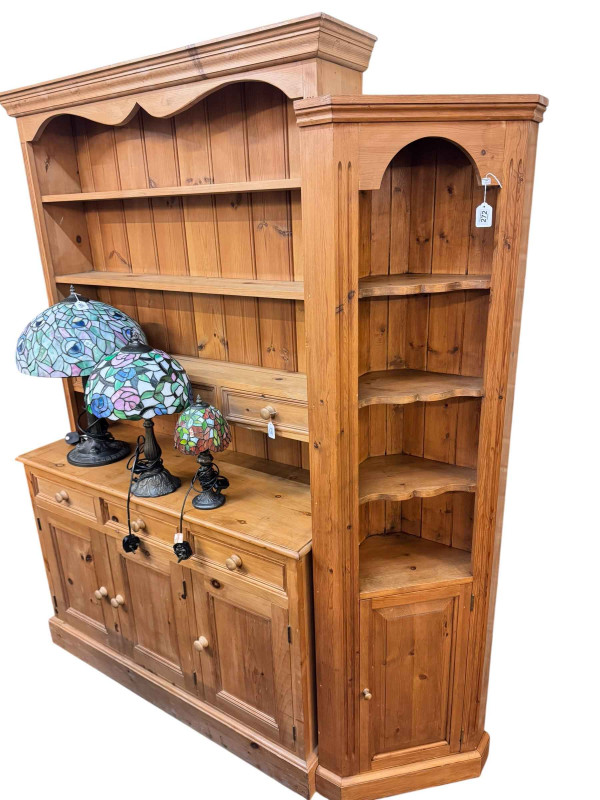 Pine shelf back dresser and pine corner cabinet.