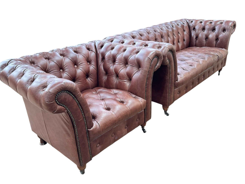 Vintage Sofa Company brown leather buttoned Chesterfield three seater settee and chair.