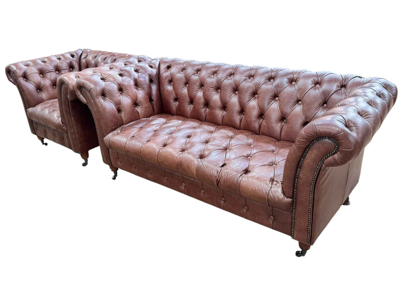 Vintage Sofa Company brown leather buttoned Chesterfield three seater settee and chair.