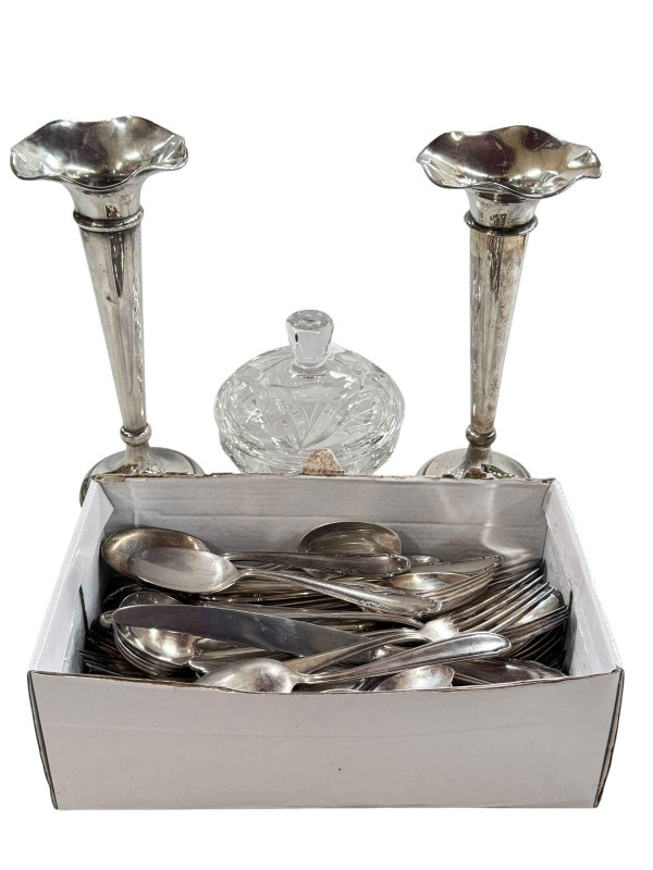 Large pair of silver vases Chester 1922, collection of silver plated cutlery and a lidded glass bowl.
