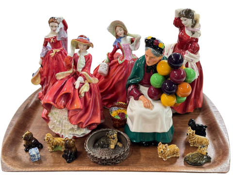 Five Royal Doulton figurines including The Old Balloon Seller and Fond...