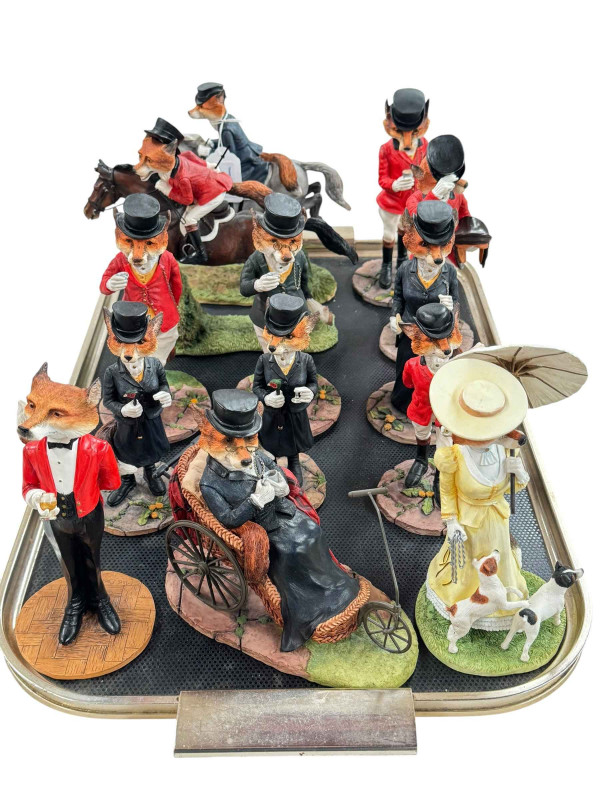Collection of Border Fine Arts Reynard Estate Fox figures including Lady Camilla, Sir Rupert and The Duchess of Reynard.