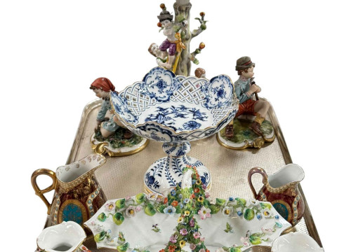 Continental porcelain centrepiece, floral encrusted basket and pair of...