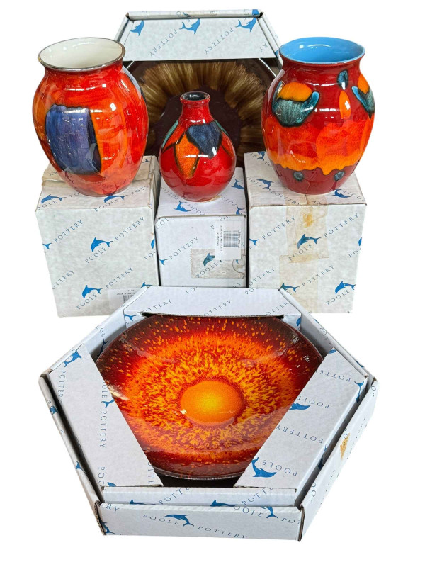 Two Poole Pottery dishes, Precious and Sun, and three vases; Harlequin, Volcano and Blue (all boxed).