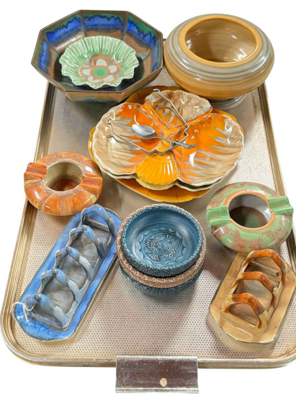 Collection of Shelley dishes, bowls, two ashtrays and two toast racks, along with three Studio Pottery bowls.