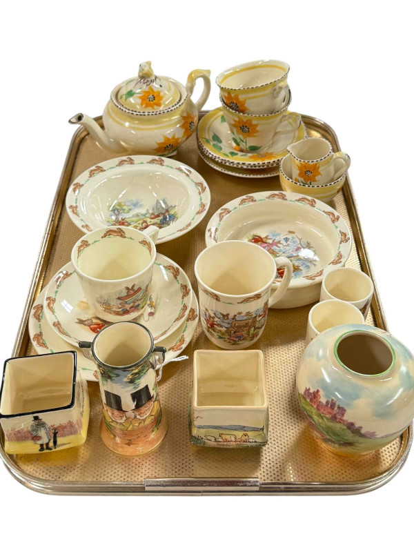 Collection of Royal Doulton Bunnykins breakfast ware, two vases and two preserve pots, and a Ridgeways Sunflowers part breakfast set.