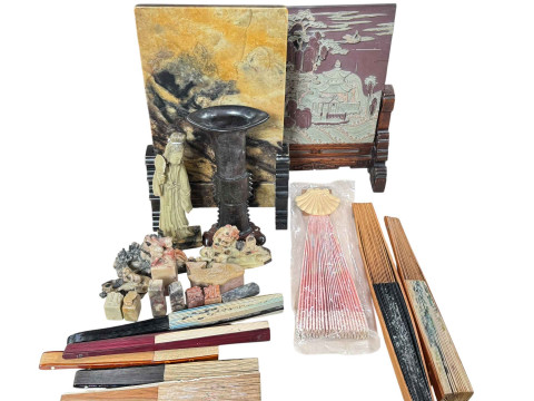Two soapstone table screens, figure, pair of foo dogs and other carvings,...