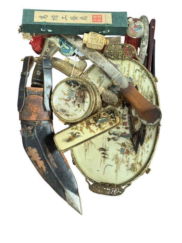 Kukri knife, Gurka knives, Chinese snuff bottles, part table dresser set, fans, etc. This lot is not for sale to people under the age of 18. By bidding on this item you are declaring that you are 18 years of age or over. Please be aware that we are unable to send weapons or bladed products by postal courier to a UK residential address (Offensive Weapons Act 2019).