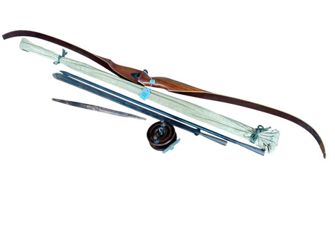 A Field Archery bow, three piece fishing rod & reel and spear.