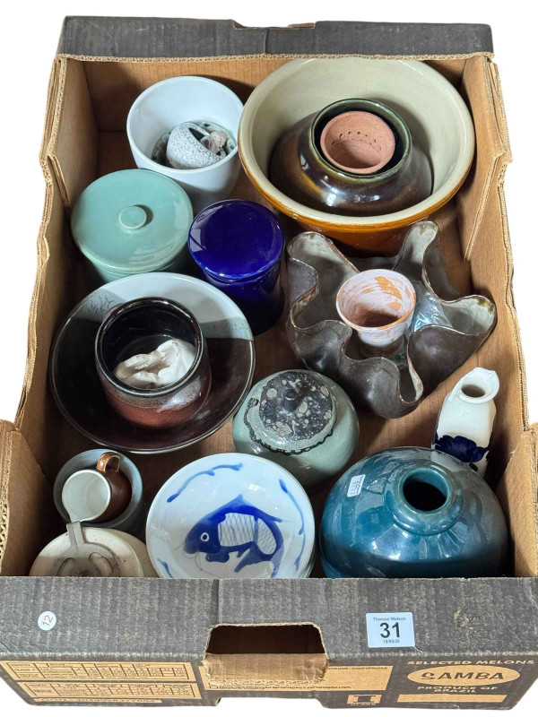 Box of ceramics including Chinese dishes, vase, bowls, etc.