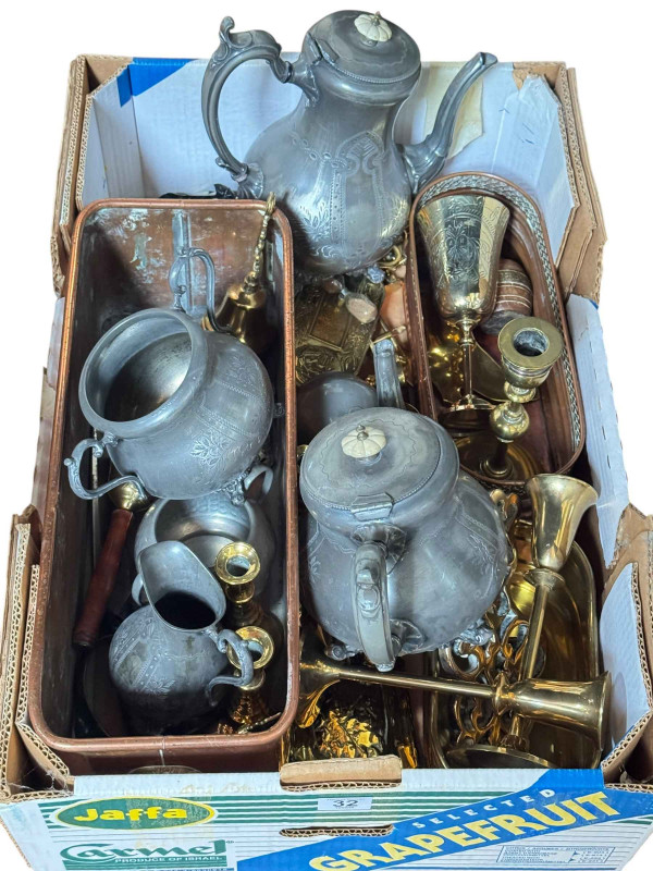 Box of assorted copper and brass, pewter tea set, etc.
