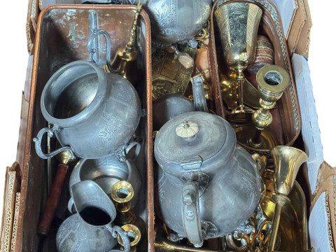 Box of assorted copper and brass, pewter tea set, etc.