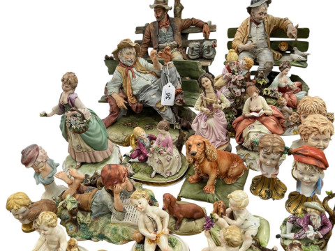 Three Capo di Monte Tramp on bench figures, various Capo di Monte figures,...