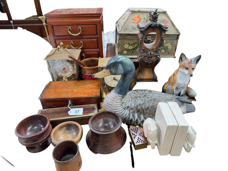 Two anniversary clocks, Oriental mahogany jewellery chest, artists box, ornate walnut clock case, wooden bowls, etc.