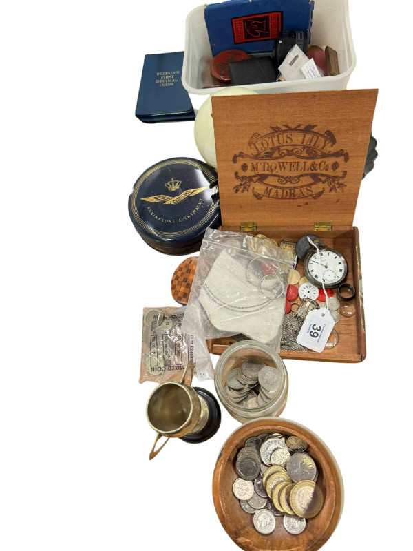 Sterling silver pocket watch, gemstones, coins, onyx ball, pipe and other collectables.