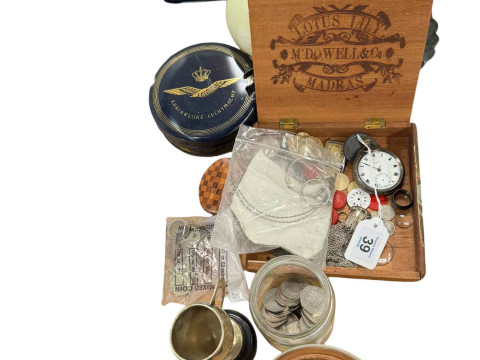 Sterling silver pocket watch, gemstones, coins, onyx ball, pipe and other...