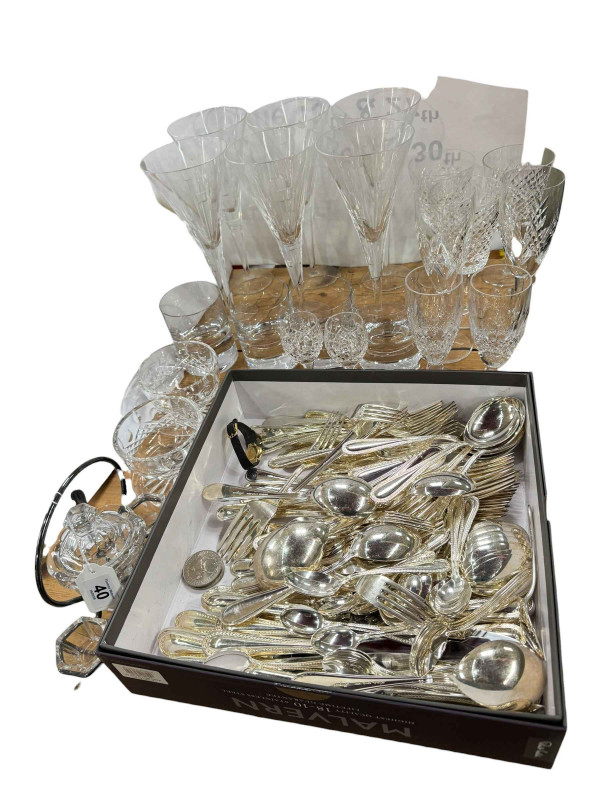 Collection of glass including Waterford and Baccarat, and a collection of Noritake Marquise EPNS cutlery, etc.