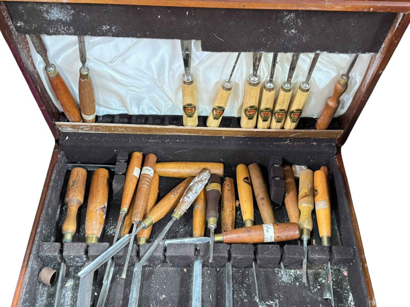 Collection of tools including planes, chisels, heavy duty jack, router drill and saw, etc.