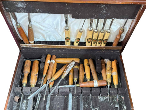Collection of tools including planes, chisels, heavy duty jack, router drill and saw, etc. thumbnail