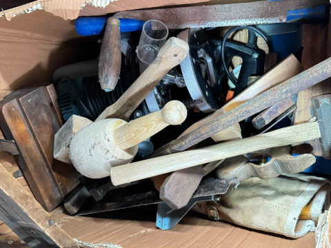 Collection of tools including planes, chisels, heavy duty jack, router drill and saw, etc. thumbnail