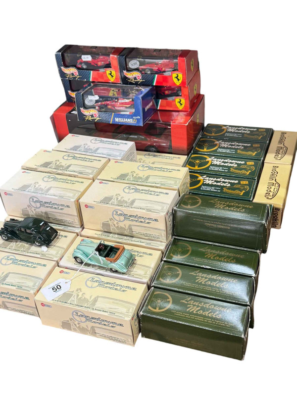 Kyosho Ferrari 328 GTB, five Hot Wheels F1 cars and Lansdowne and Brooklin model vehicles.