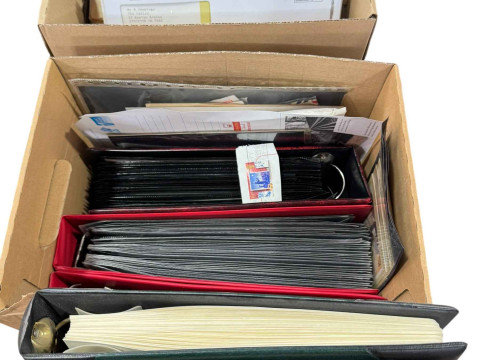 Five albums and box of stamps and first day covers.