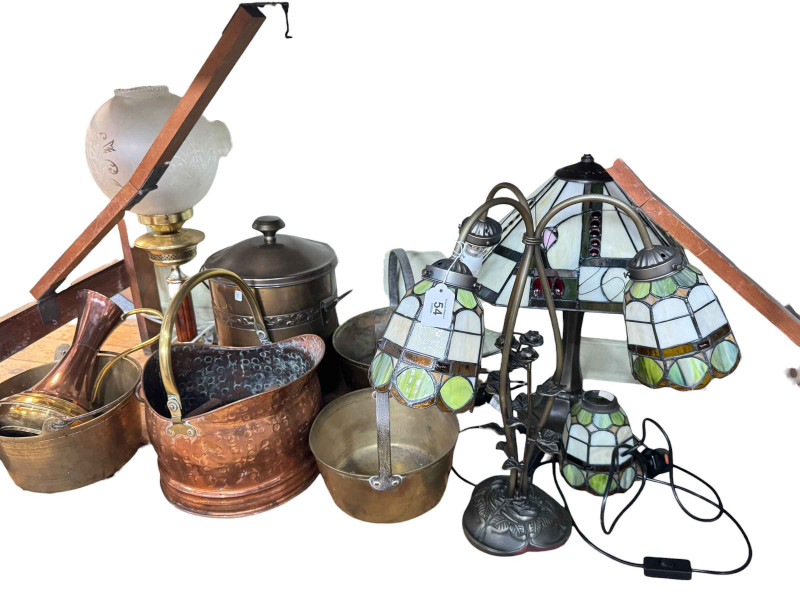 Two Tiffany style table lamps, oil style lamp, three brass jam pans, copper coal scuttle.