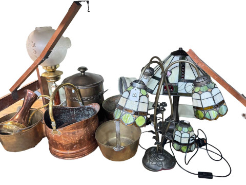 Two Tiffany style table lamps, oil style lamp, three brass jam pans, copper...
