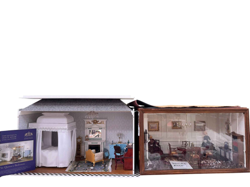 Two dolls houses 'The Queens Bedroom' and 'Dining Room'.