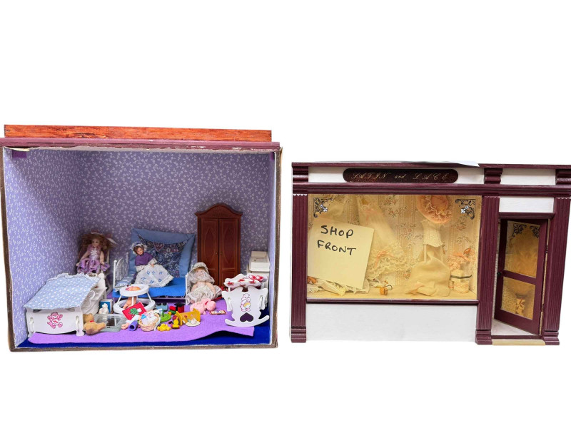 Three dolls houses 'Antique Shop', 'Nursery' and three story box house and a shop front.