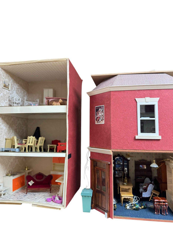 Three dolls houses 'Antique Shop', 'Nursery' and three story box house and a shop front.