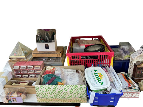 Full shelf of dolls house furnishings, accessories, decoration and fabrics,...